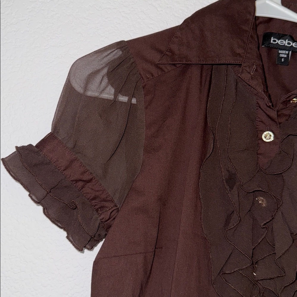 Bebe Chocolate Ruffle Blouse Small - Picture 4 of 13